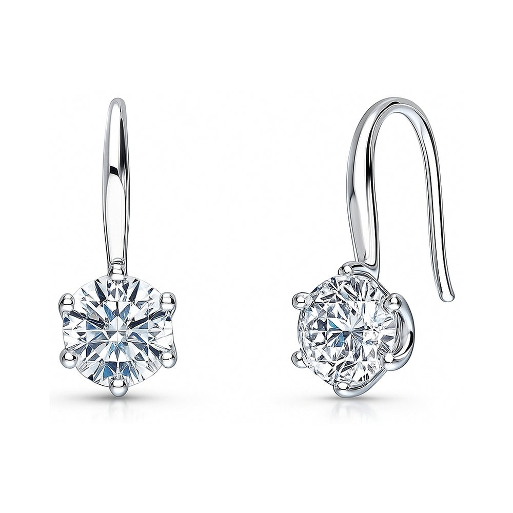 Sterling Silver Solitaire CZ Fish Hook Dangle Earrings
