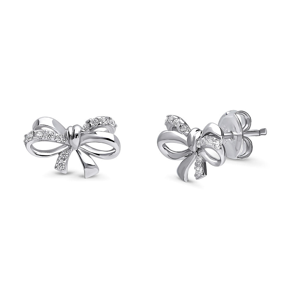 Sterling Silver Bow Tie Ribbon Cubic Zirconia Stud Earrings