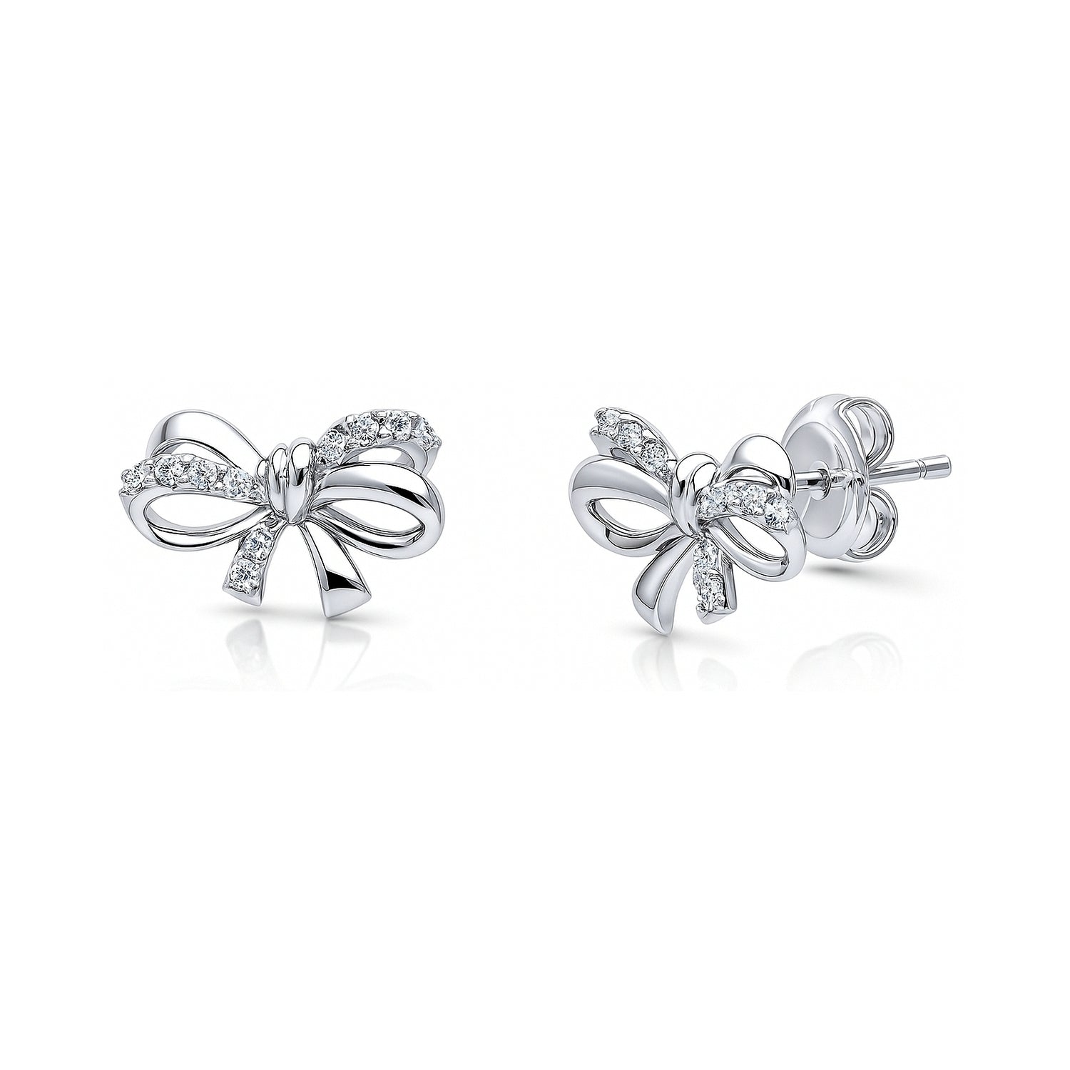 Sterling Silver Bow Tie Ribbon Cubic Zirconia Stud Earrings