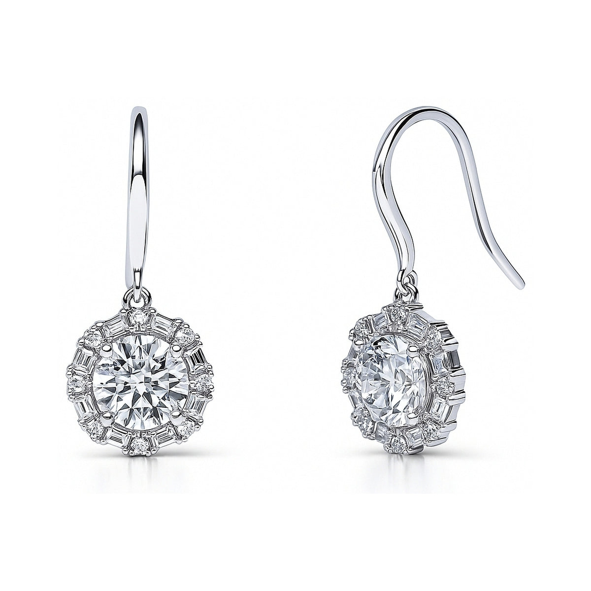 Halo Art Deco CZ Fish Hook Earrings in Sterling Silver