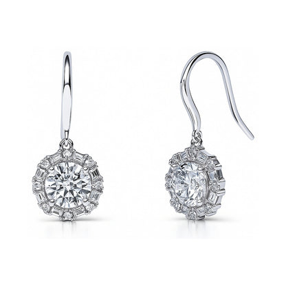 Halo Art Deco CZ Fish Hook Earrings in Sterling Silver