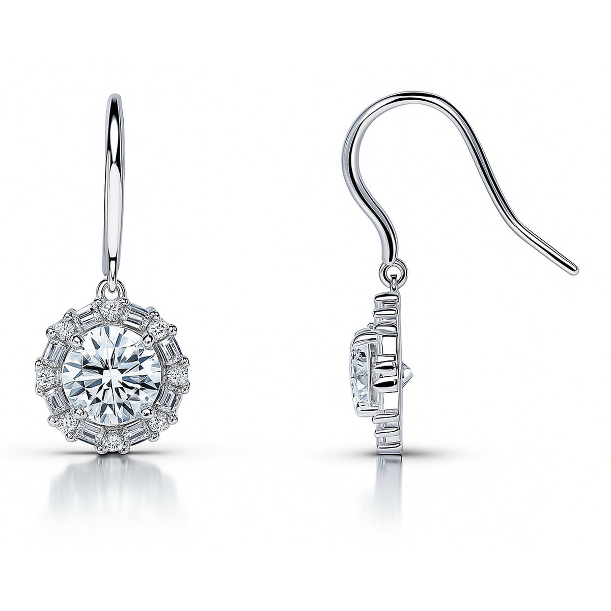 Halo Art Deco CZ Fish Hook Earrings in Sterling Silver