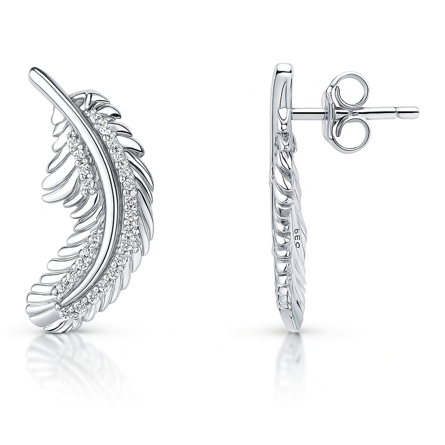 Feather CZ Stud Earrings in Sterling Silver, Rhodium Plated