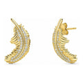 Feather CZ Stud Earrings in Sterling Silver, Yellow Gold Flashed