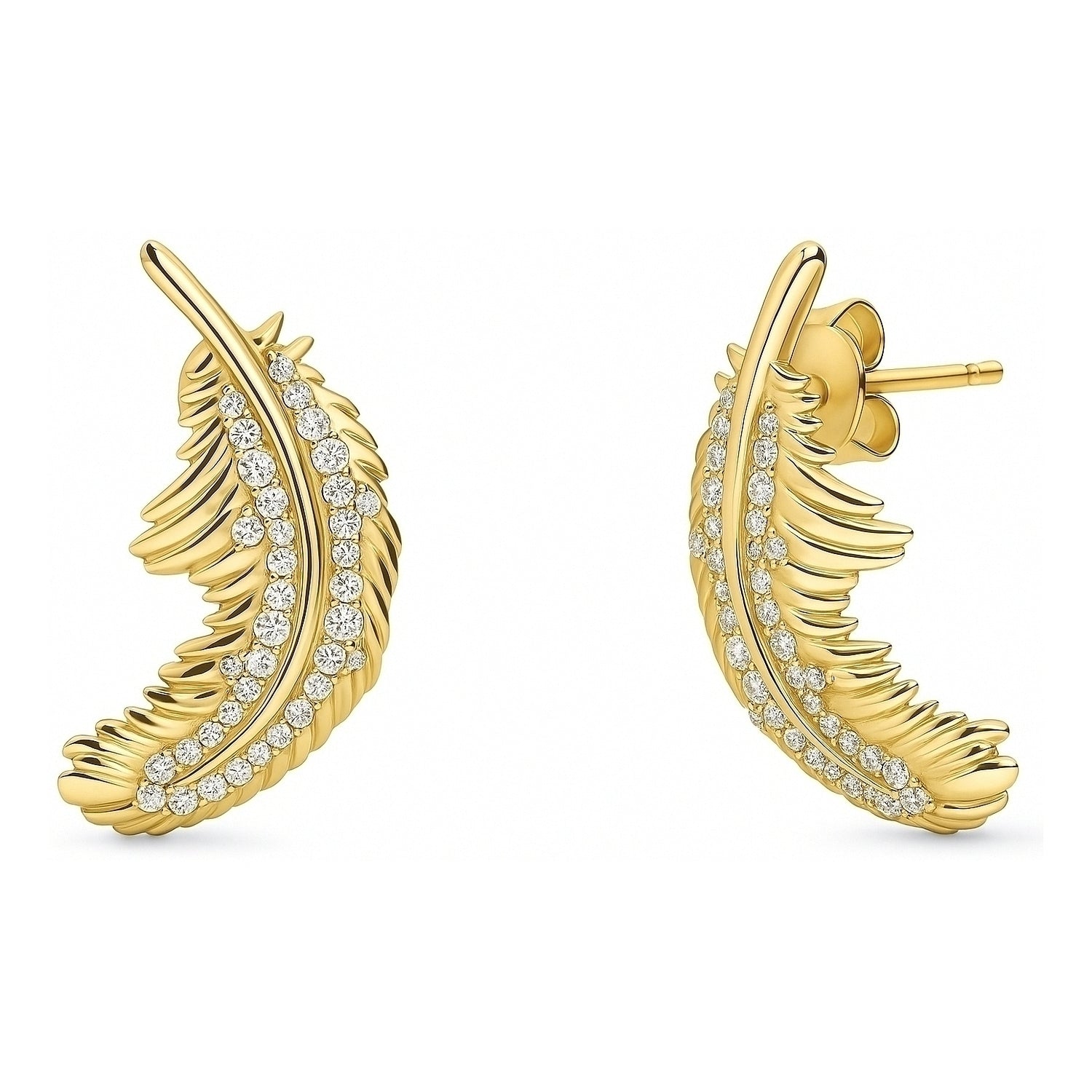 Feather CZ Stud Earrings in Sterling Silver, Yellow Gold Flashed