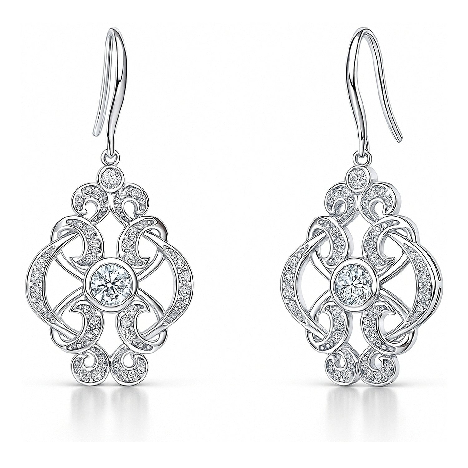Flower Art Deco CZ Fish Hook Earrings in Sterling Silver