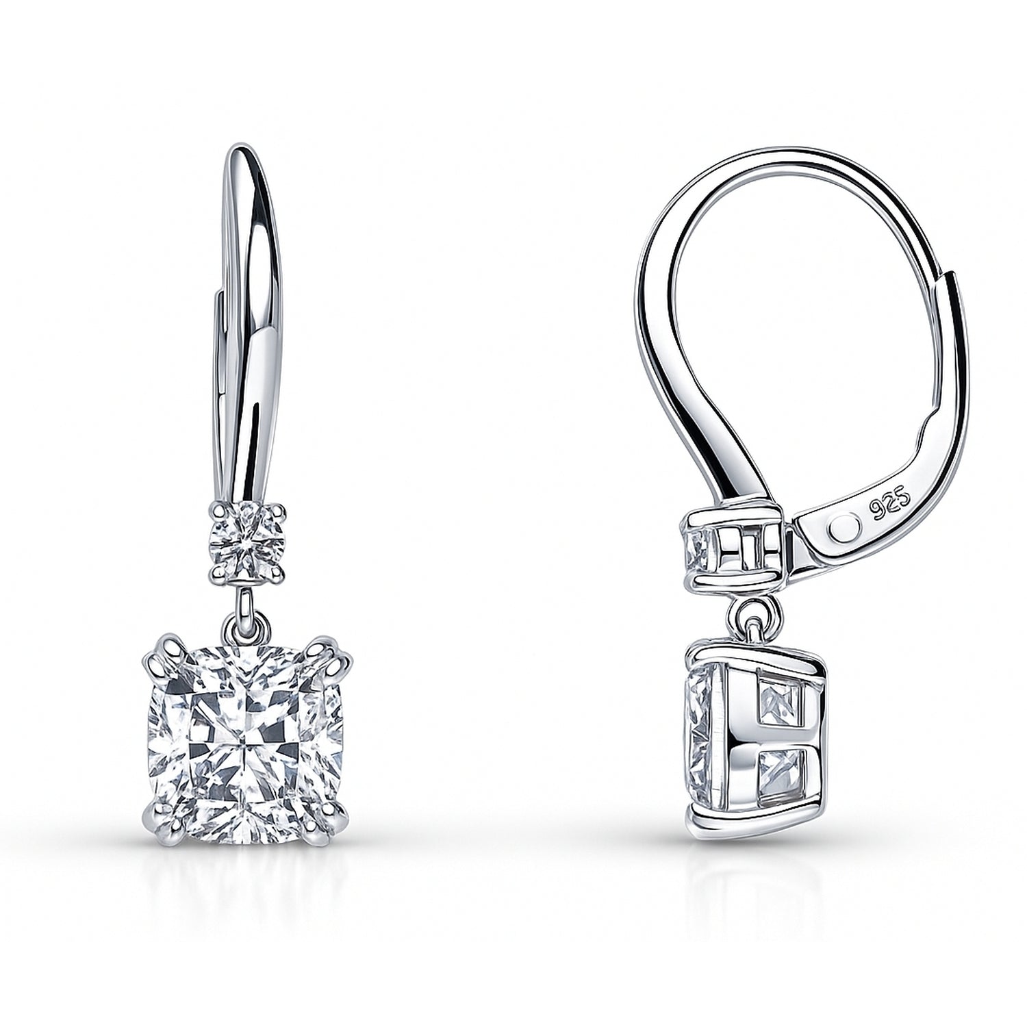 Solitaire 4ct Cushion CZ Leverback Earrings in Sterling Silver, 3 of 5