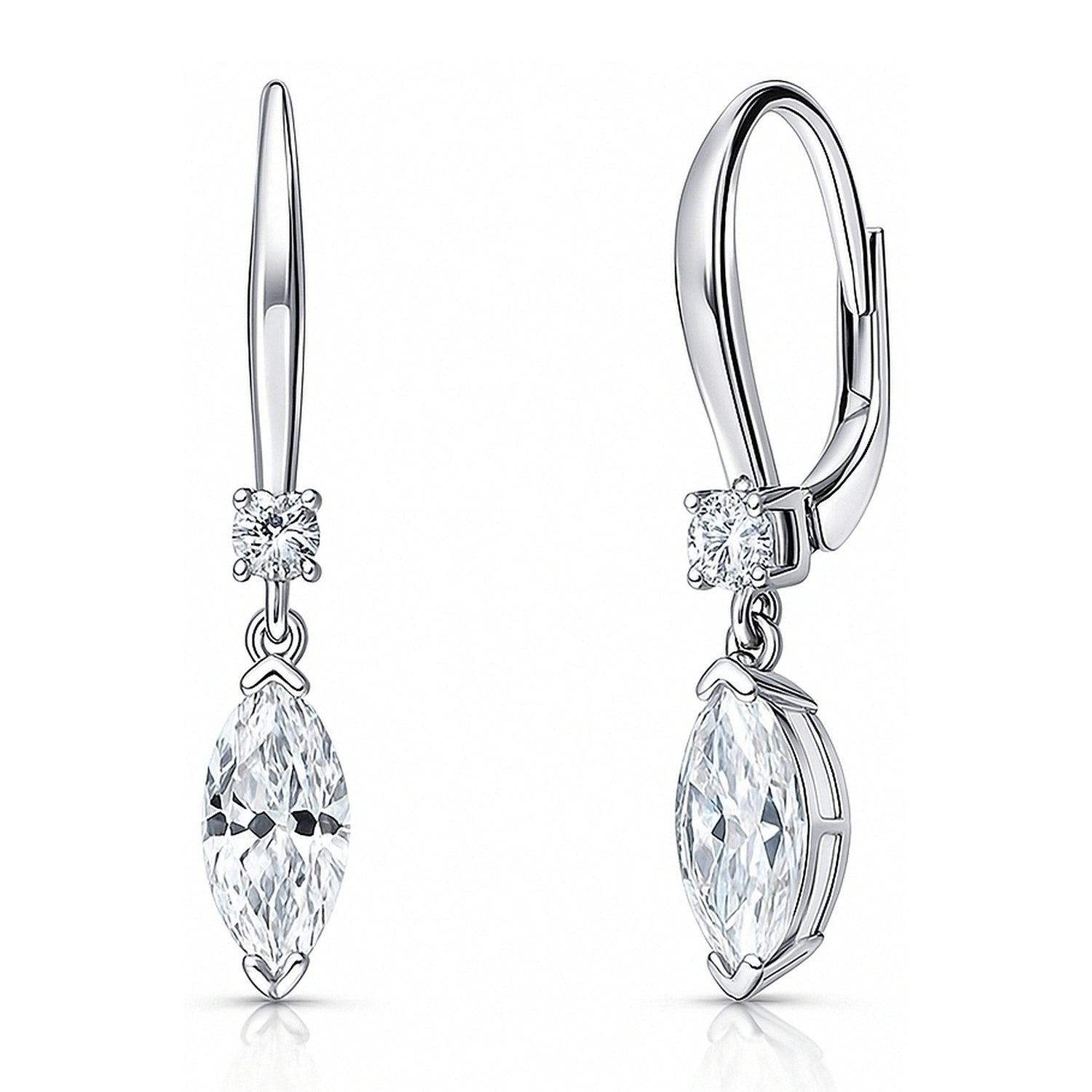 Solitaire 2ct Marquise CZ Leverback Earrings in Sterling Silver, 1 of 6