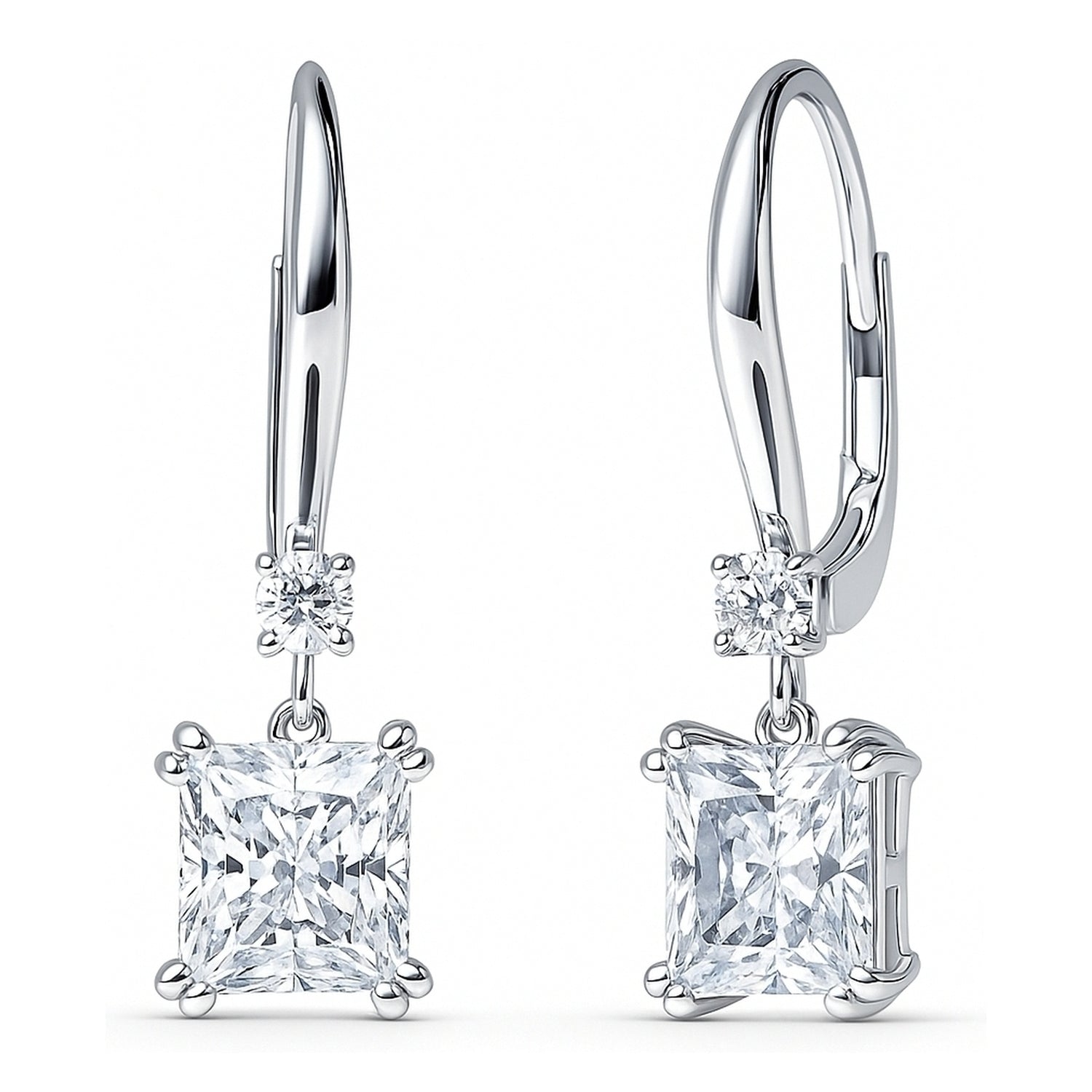 Solitaire 3.2ct Princess CZ Leverback Earrings in Sterling Silver, 1 of 5
