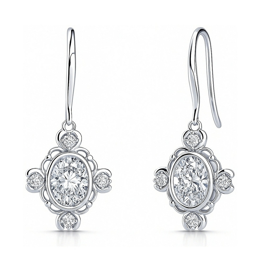 Flower Art Deco CZ Fish Hook Earrings in Sterling Silver