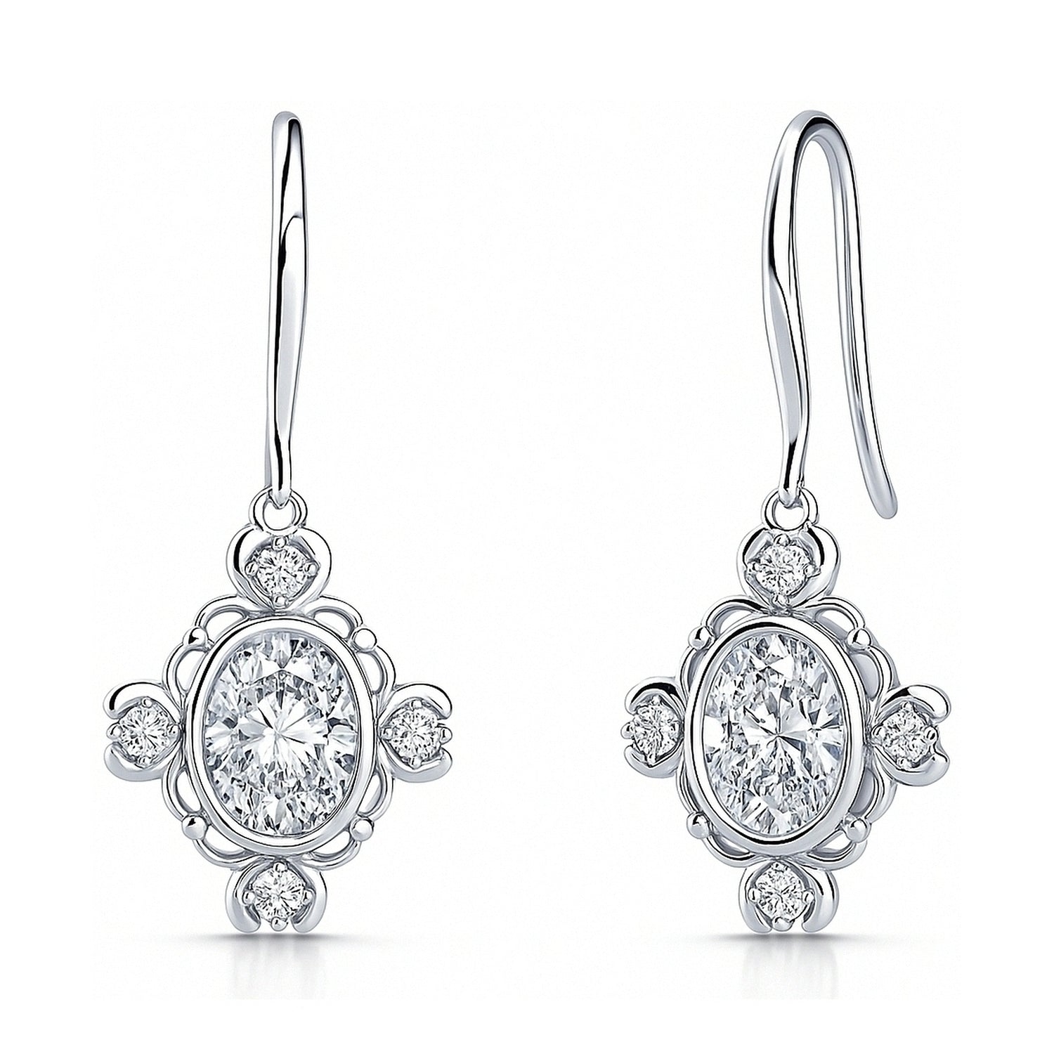 Flower Art Deco CZ Fish Hook Earrings in Sterling Silver