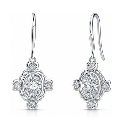 Flower Art Deco CZ Fish Hook Earrings in Sterling Silver