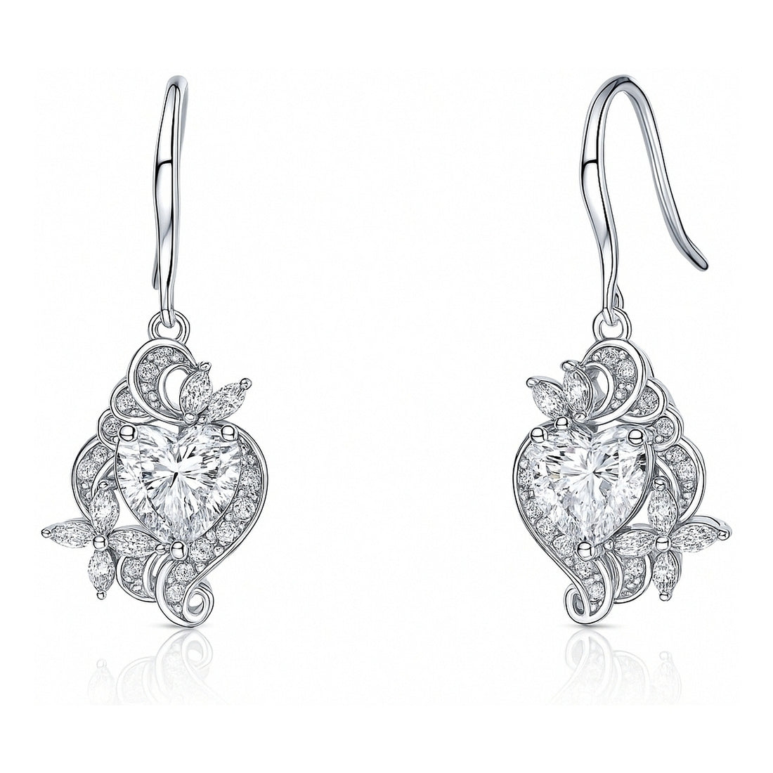 Heart Flower CZ Fish Hook Earrings in Sterling Silver