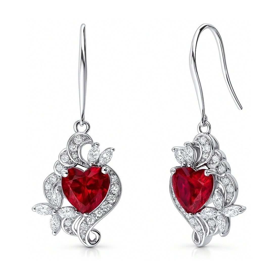 Heart Flower CZ Fish Hook Earrings in Sterling Silver