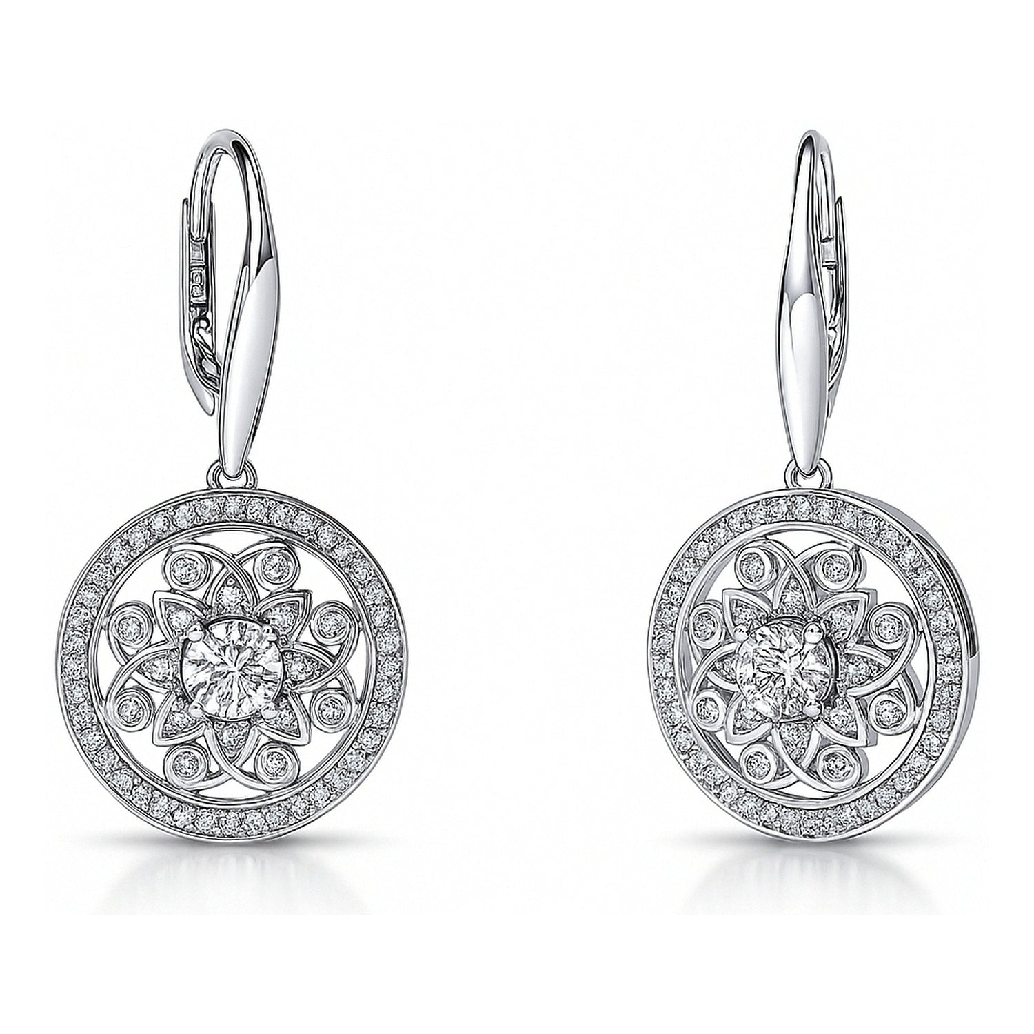 Flower Filigree CZ Leverback Earrings in Sterling Silver, 1 of 6