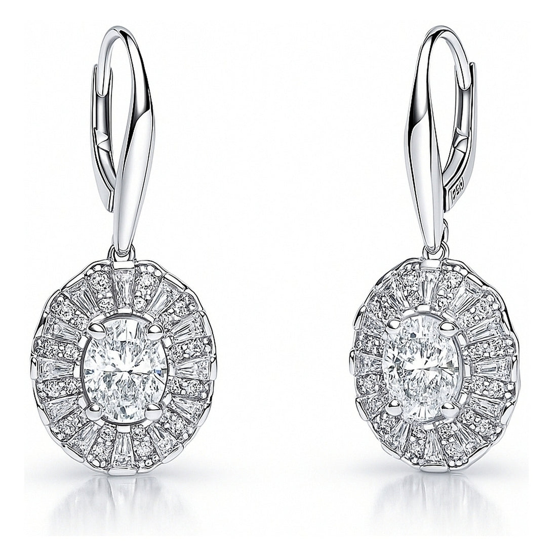 Halo Art Deco Oval CZ Leverback Earrings in Sterling Silver