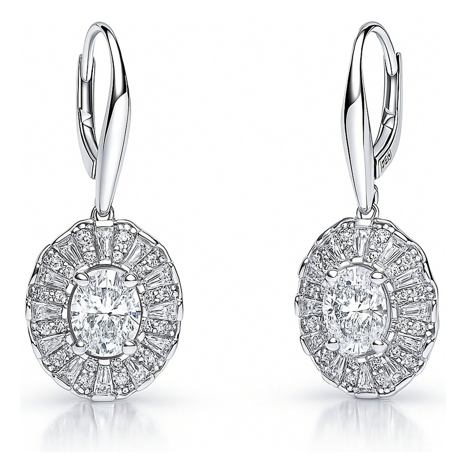 Halo Art Deco Oval CZ Leverback Earrings in Sterling Silver, 1 of 6