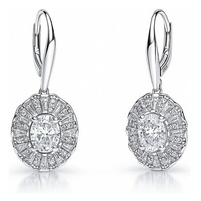Halo Art Deco Oval CZ Leverback Earrings in Sterling Silver