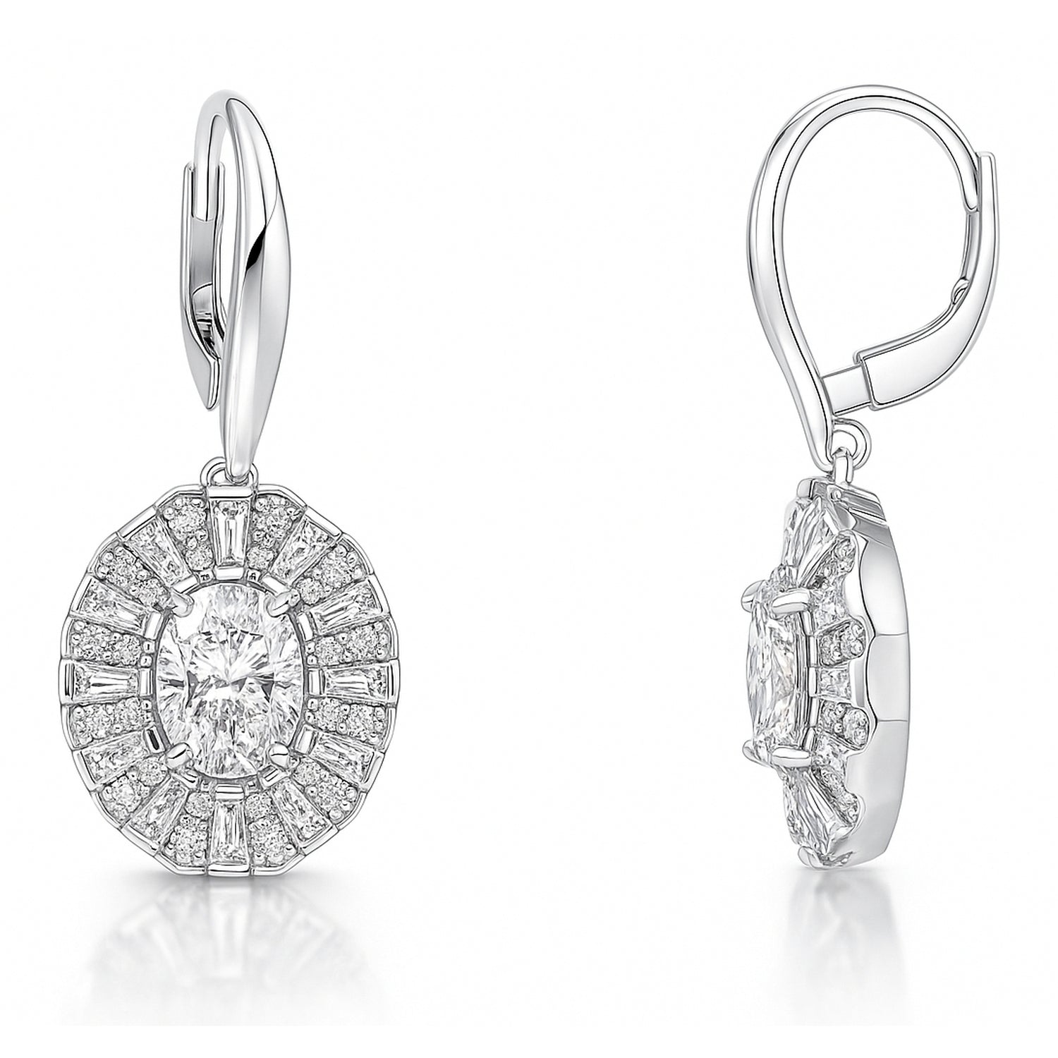 Halo Art Deco Oval CZ Leverback Earrings in Sterling Silver, 4 of 6