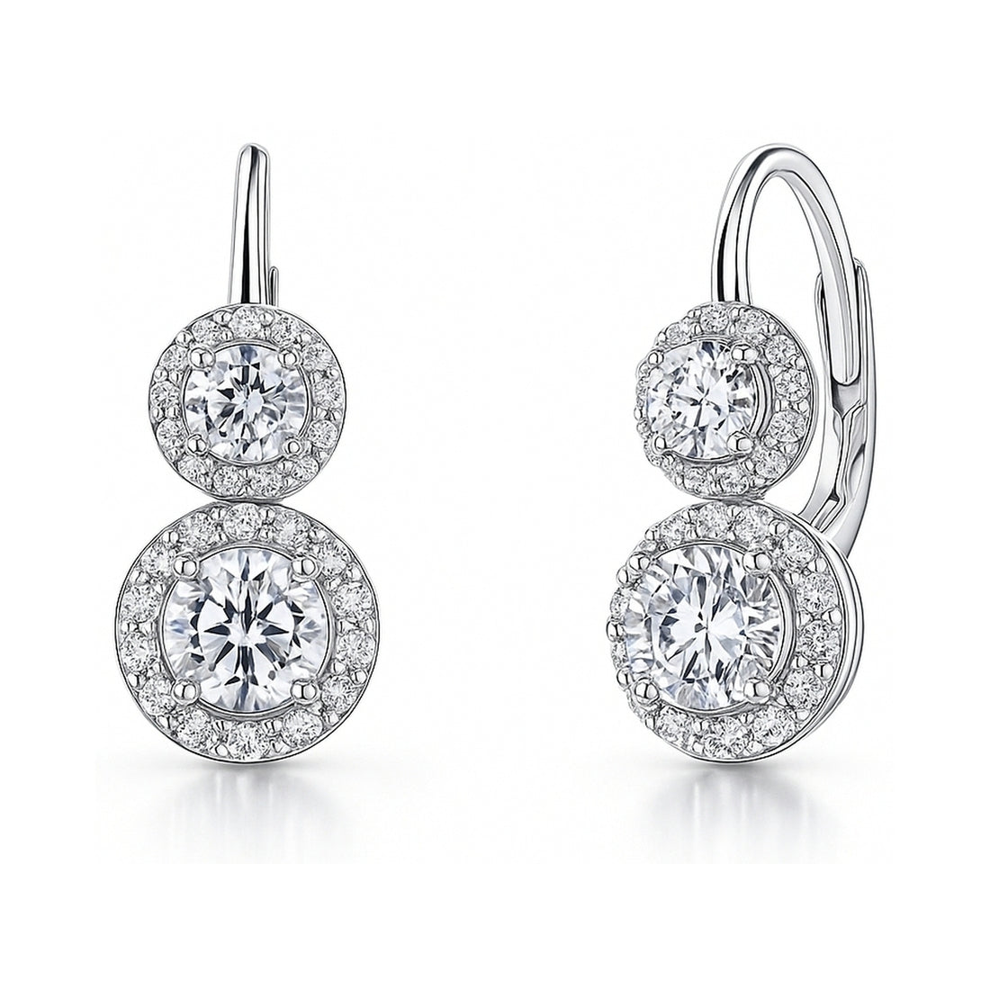 Halo 2-Stone CZ Leverback Earrings in Sterling Silver