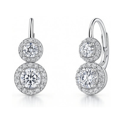 Halo 2-Stone CZ Leverback Earrings in Sterling Silver