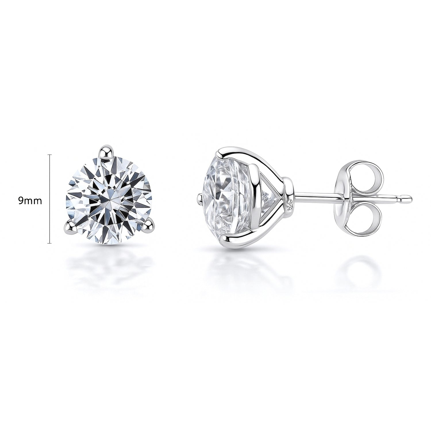 Solitaire CZ Stud Earrings in Sterling Silver, 9mm