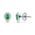 Halo Pear CZ Stud Earrings in Sterling Silver, Green Color