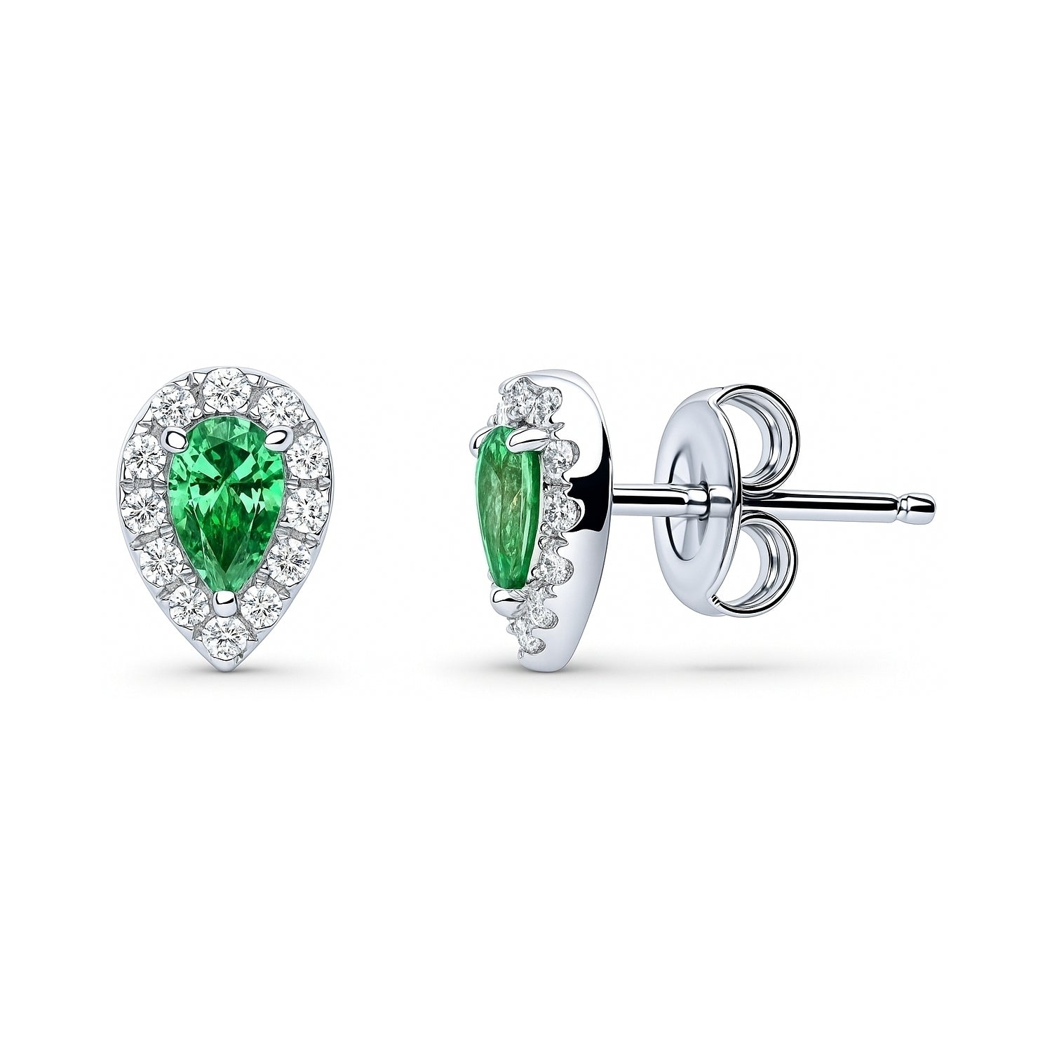 Halo Pear CZ Stud Earrings in Sterling Silver, Green Color
