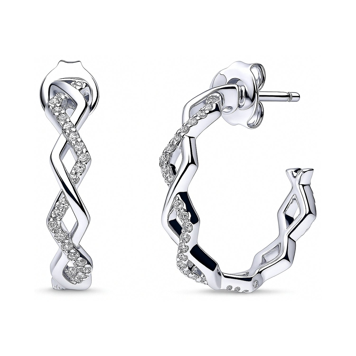 Woven CZ Small Hoop Earrings in Sterling Silver 0.8 inch, Rhodium Plated