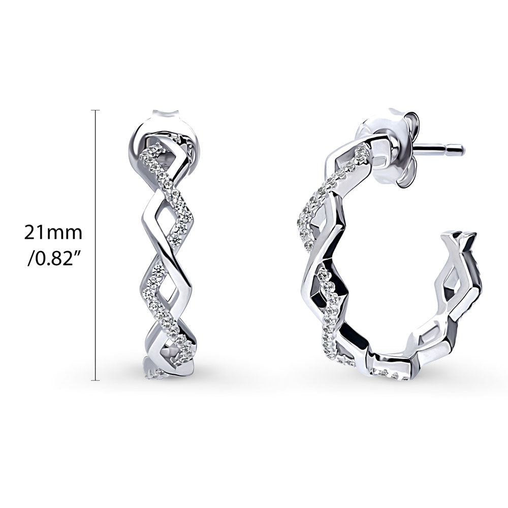 Silver Woven Cubic Zirconia CZ Small Hoop Earrings 0.8 inch