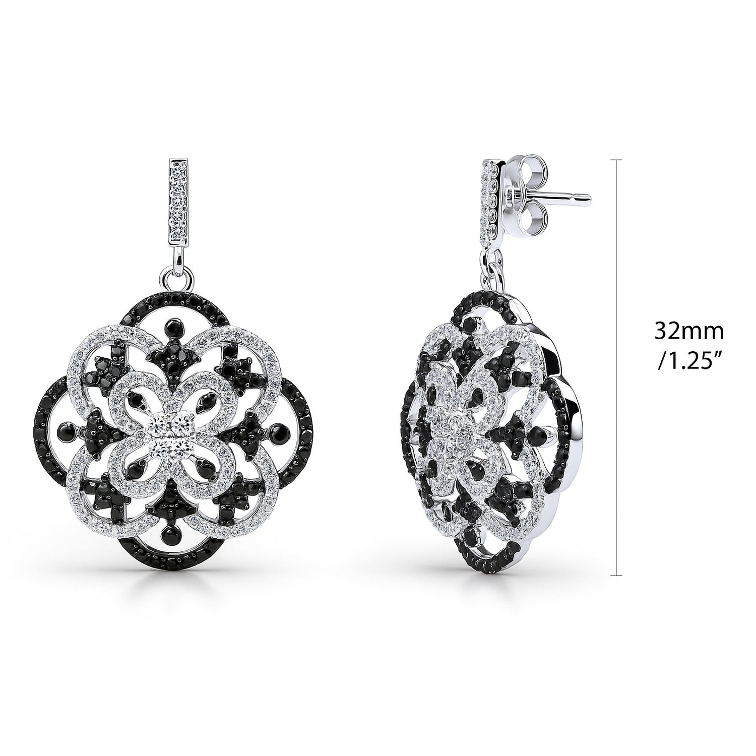 Flower Black and White CZ Earrings in Sterling Silver, 4 of 8