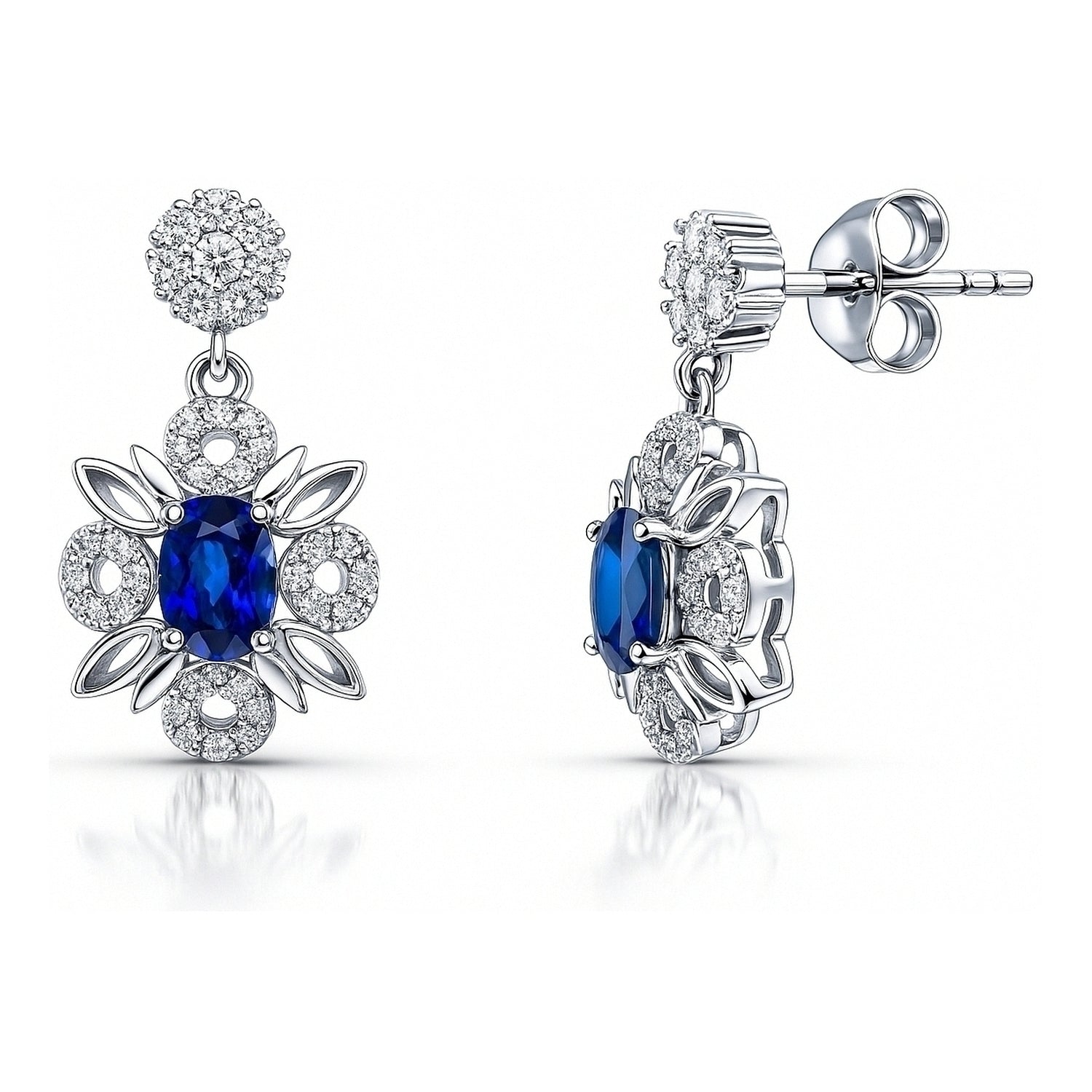 Flower Halo Sapphire-Blue CZ Earrings in Sterling Silver, 1 of 7