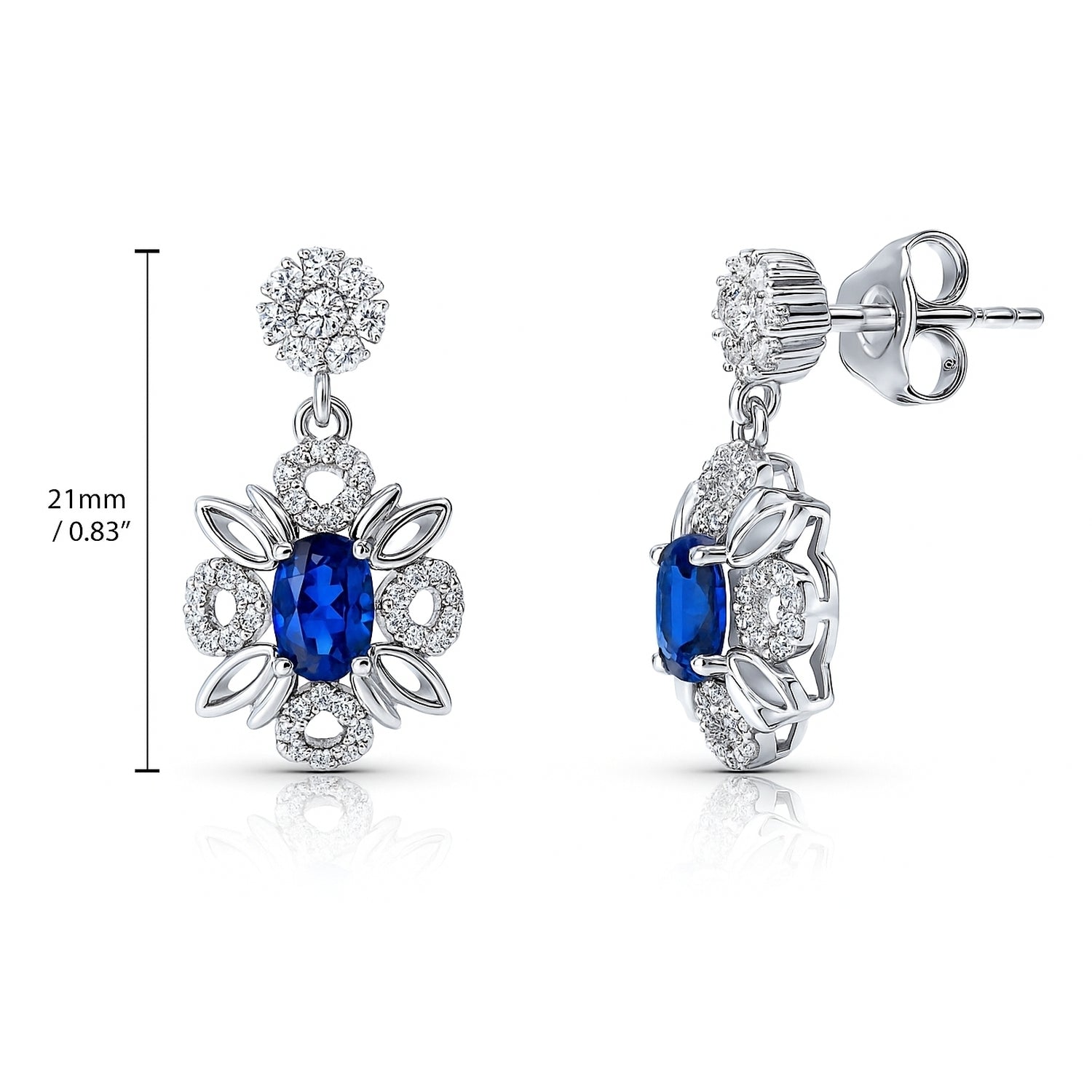 Sterling Silver Flower Halo Sapphire-Blue CZ Dangle Earrings