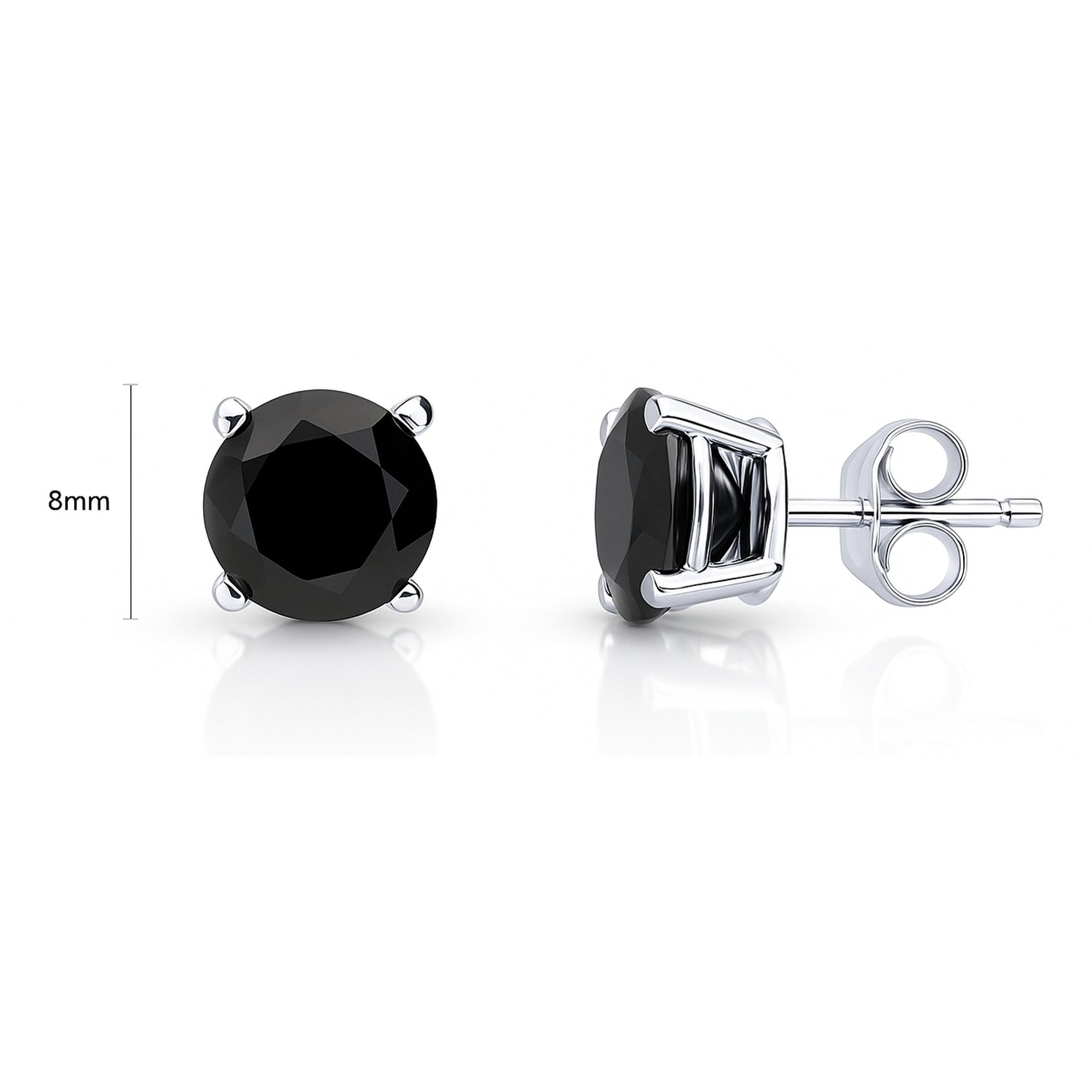 Solitaire Black CZ Stud Earrings in Sterling Silver, 8mm