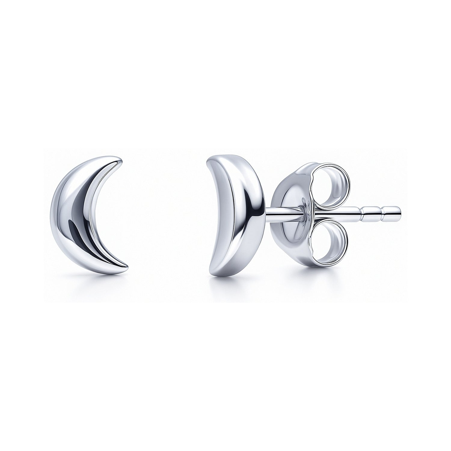 Crescent Moon Cartilage Stud Earrings in Sterling Silver, Rhodium Plated