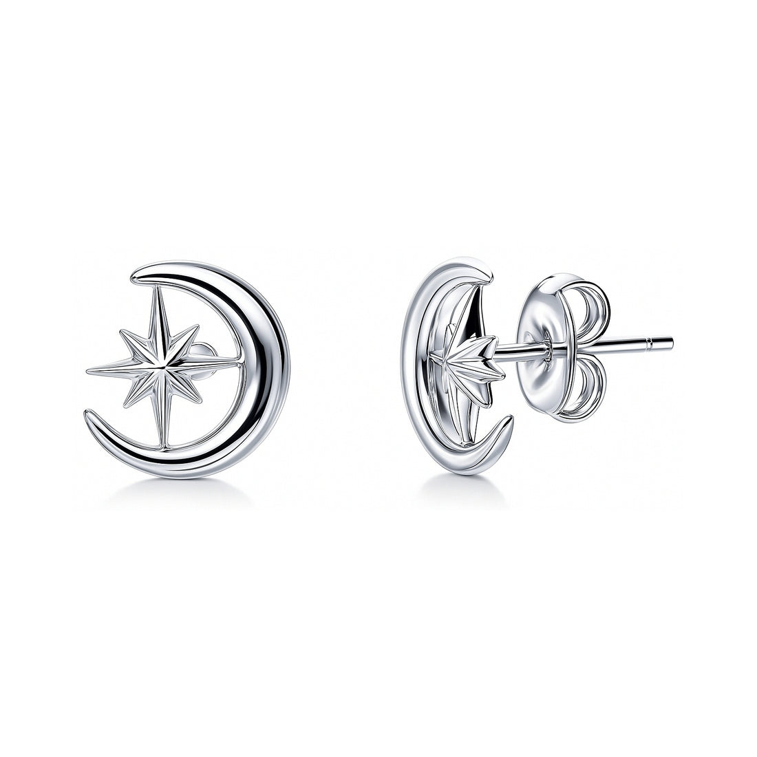 Crescent Moon North Star Stud Earrings in Sterling Silver