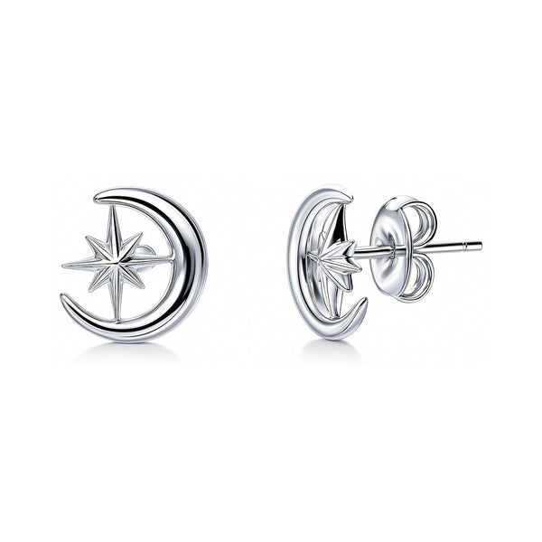 Sterling Silver Crescent Moon North Star Stud Earrings