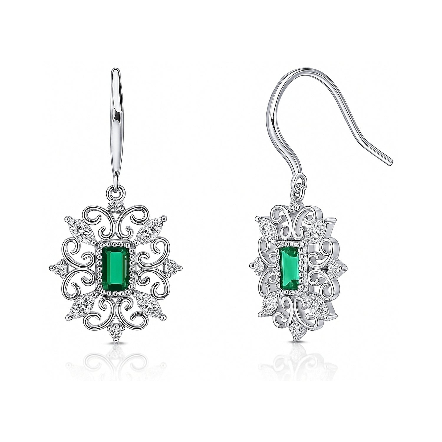 Art Deco Filigree Green CZ Fish Hook Earrings in Sterling Silver