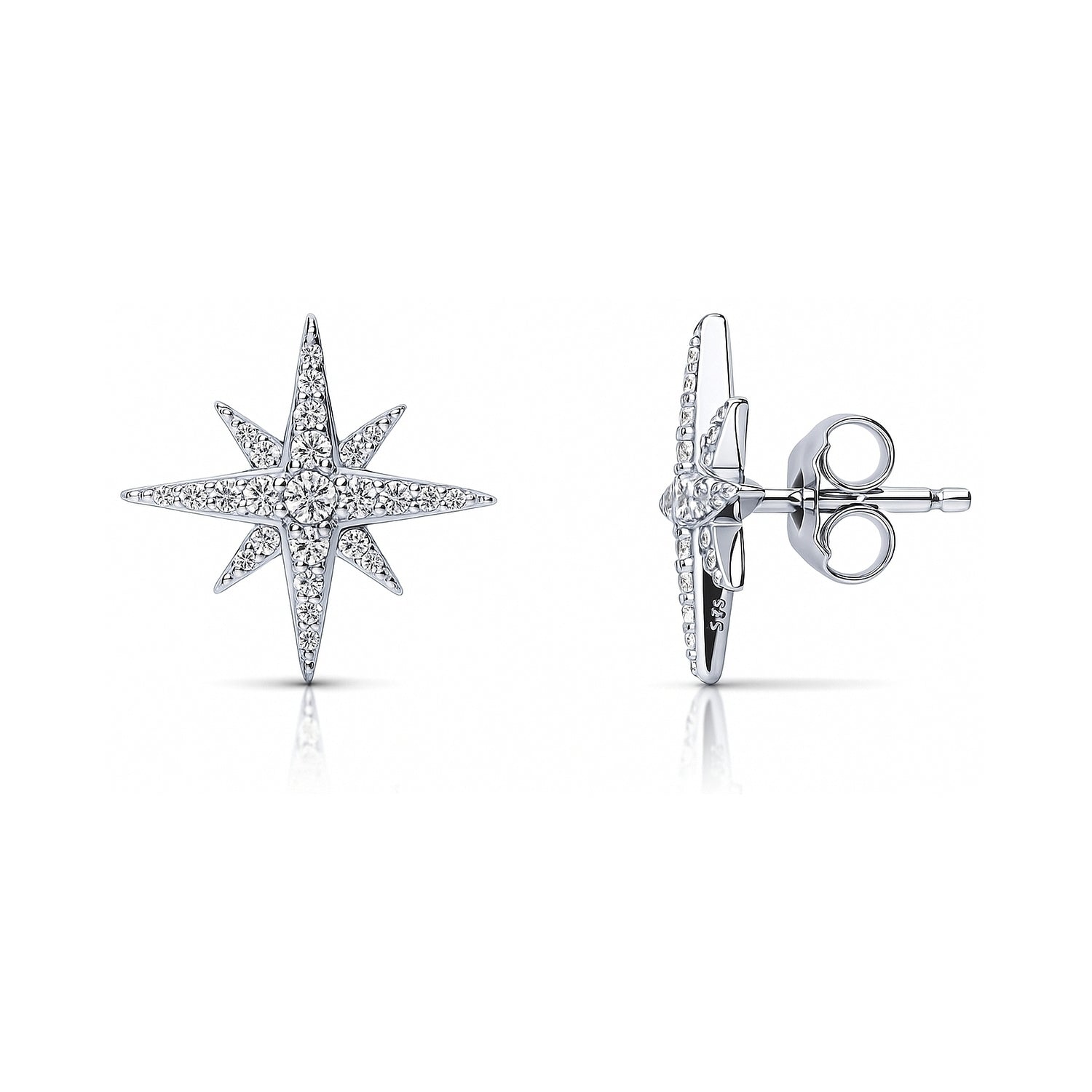 North Star CZ Stud Earrings in Sterling Silver, Rhodium Plated