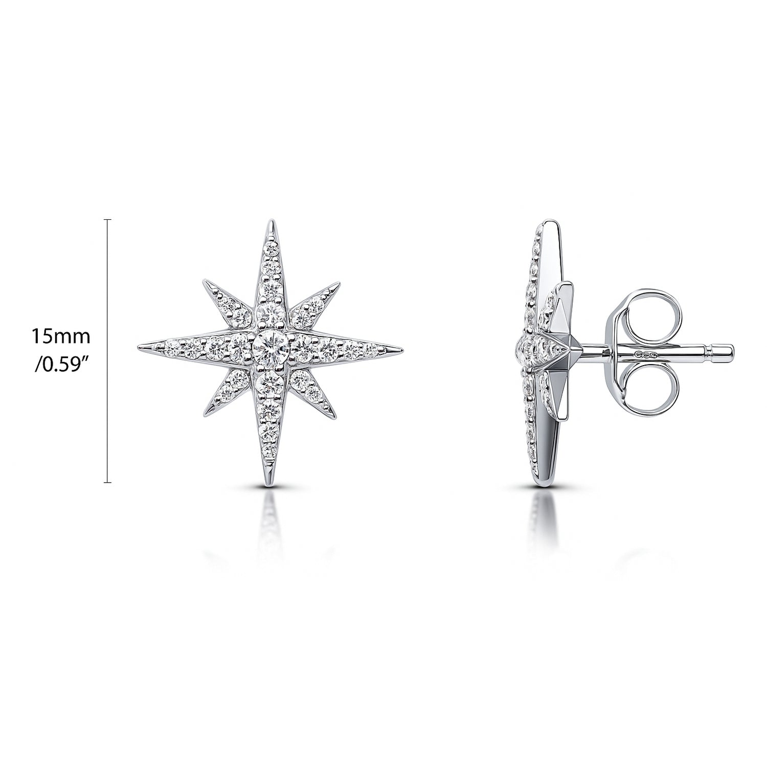 North Star CZ Stud Earrings in Sterling Silver, Rhodium Plated