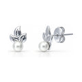 Leaf Imitation Pearl Stud Earrings in Sterling Silver, Rhodium Plated