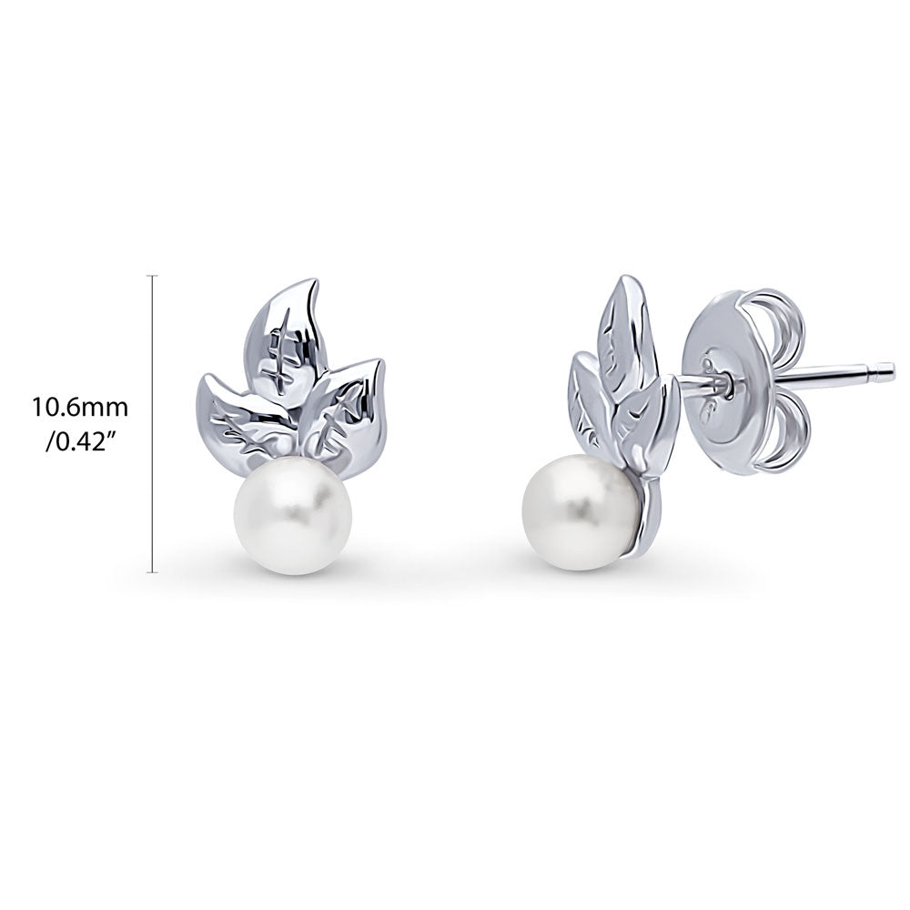 Front view of Leaf Imitation Pearl Stud Earrings in Sterling Silver, Rhodium Plated