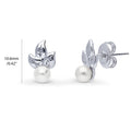 Front view of Leaf Imitation Pearl Stud Earrings in Sterling Silver, Rhodium Plated