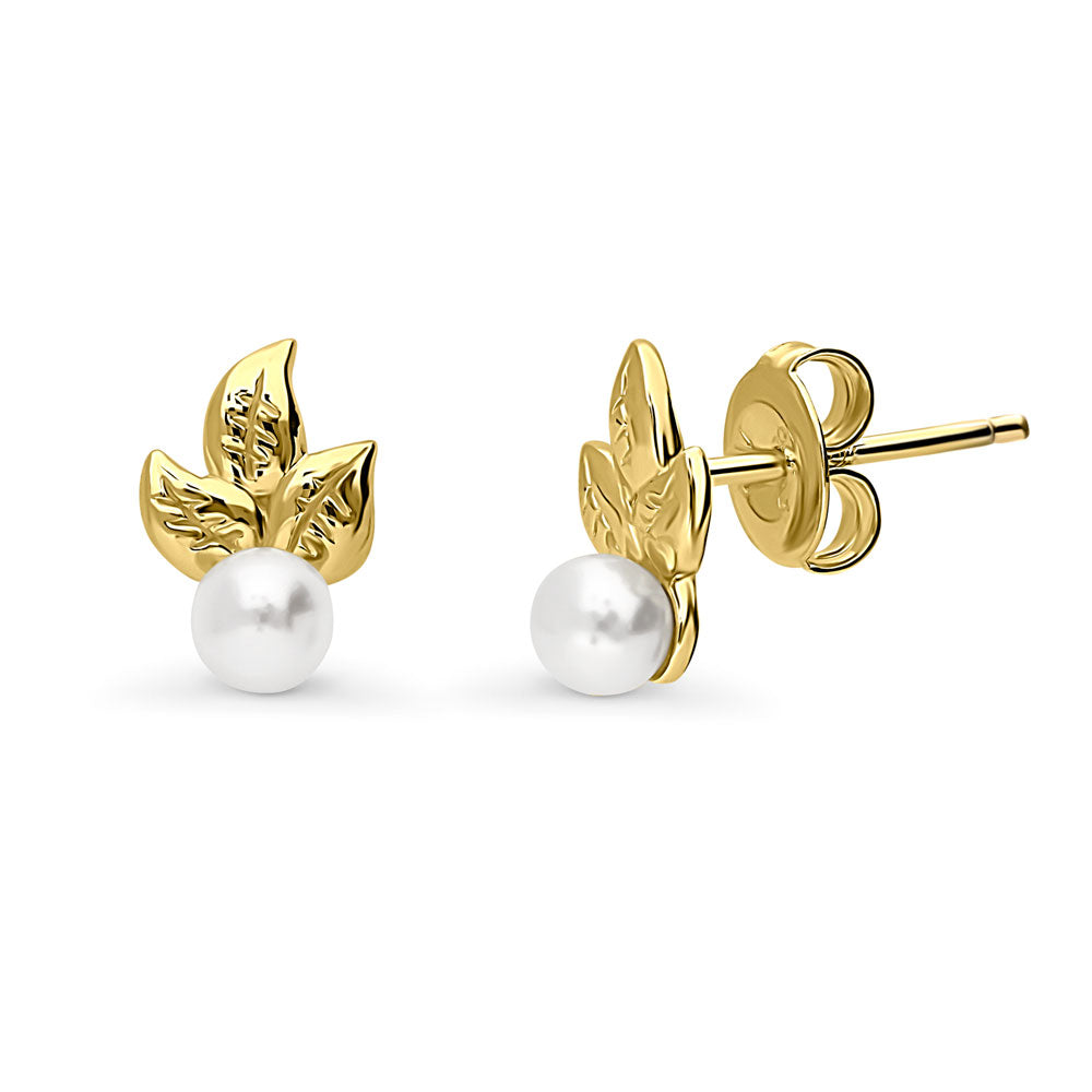 Leaf Imitation Pearl Stud Earrings in Sterling Silver, 1 of 11