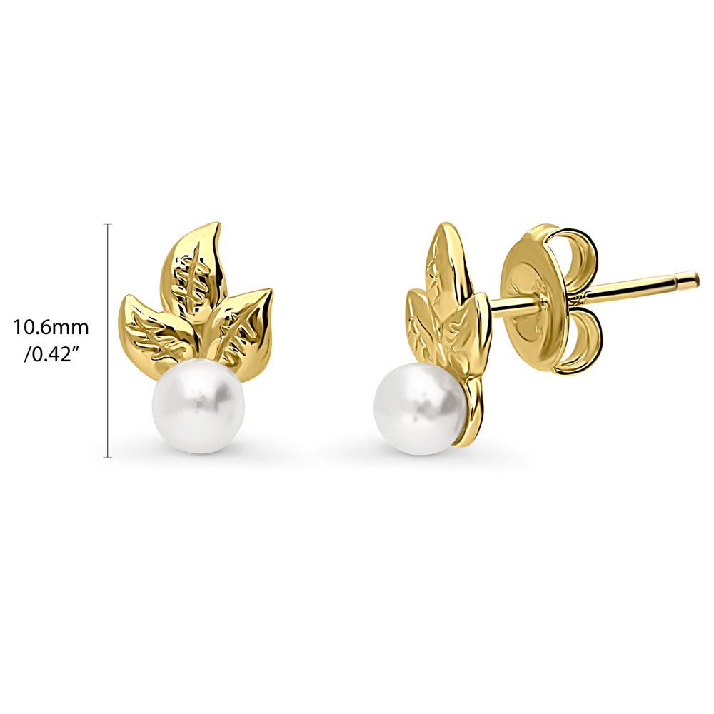 Front view of Leaf Imitation Pearl Stud Earrings in Sterling Silver, Yellow Gold Flashed