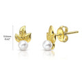 Leaf Imitation Pearl Stud Earrings in Sterling Silver, Yellow Gold Flashed