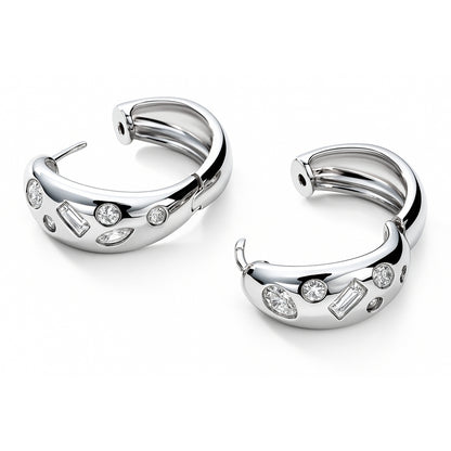 Dome CZ Small Hoop Earrings in Sterling Silver 0.8"
