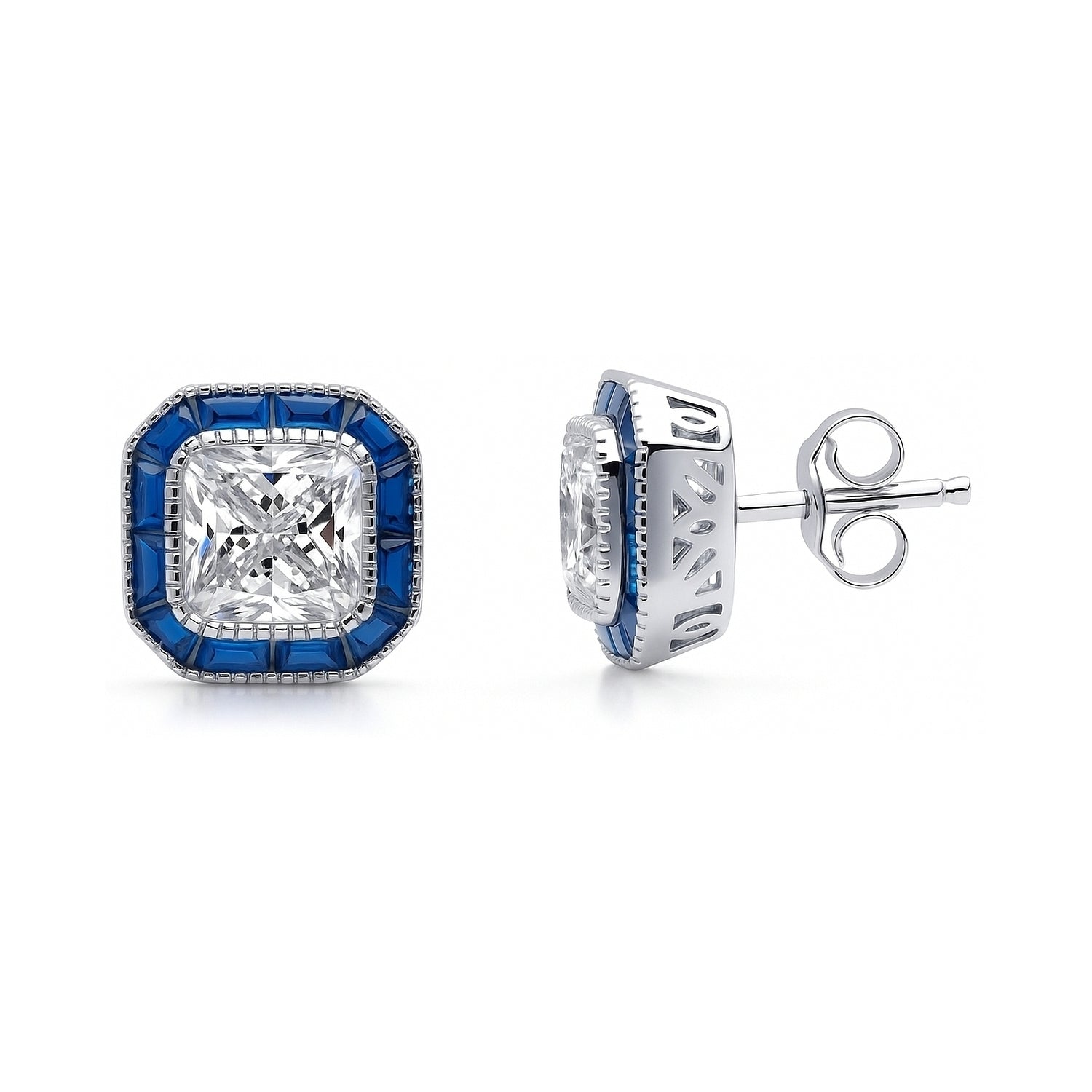 Halo Art Deco Milgrain CZ Stud Earrings in Sterling Silver