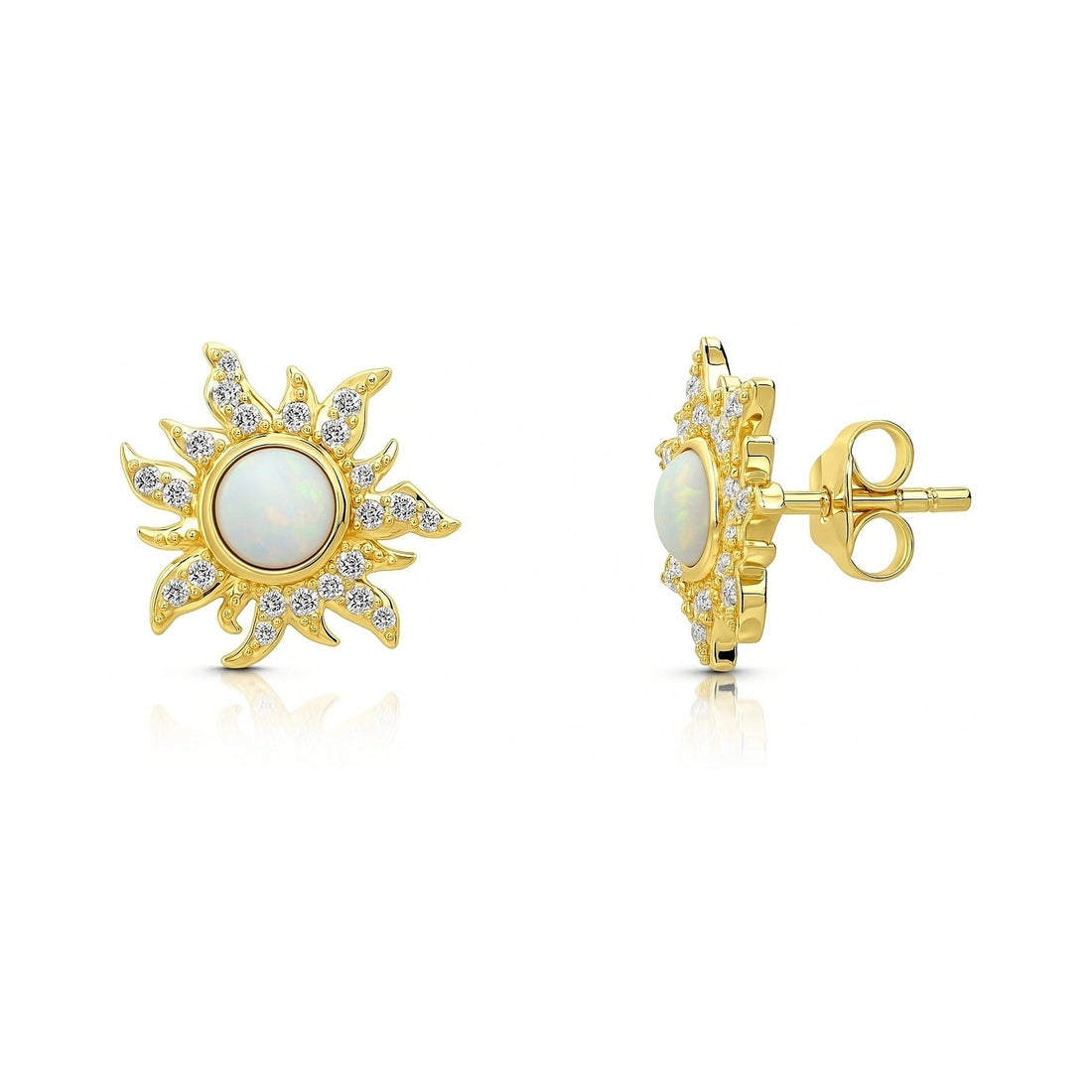 Sun Sunburst Halo Opal-White CZ Stud Earrings in Sterling Silver