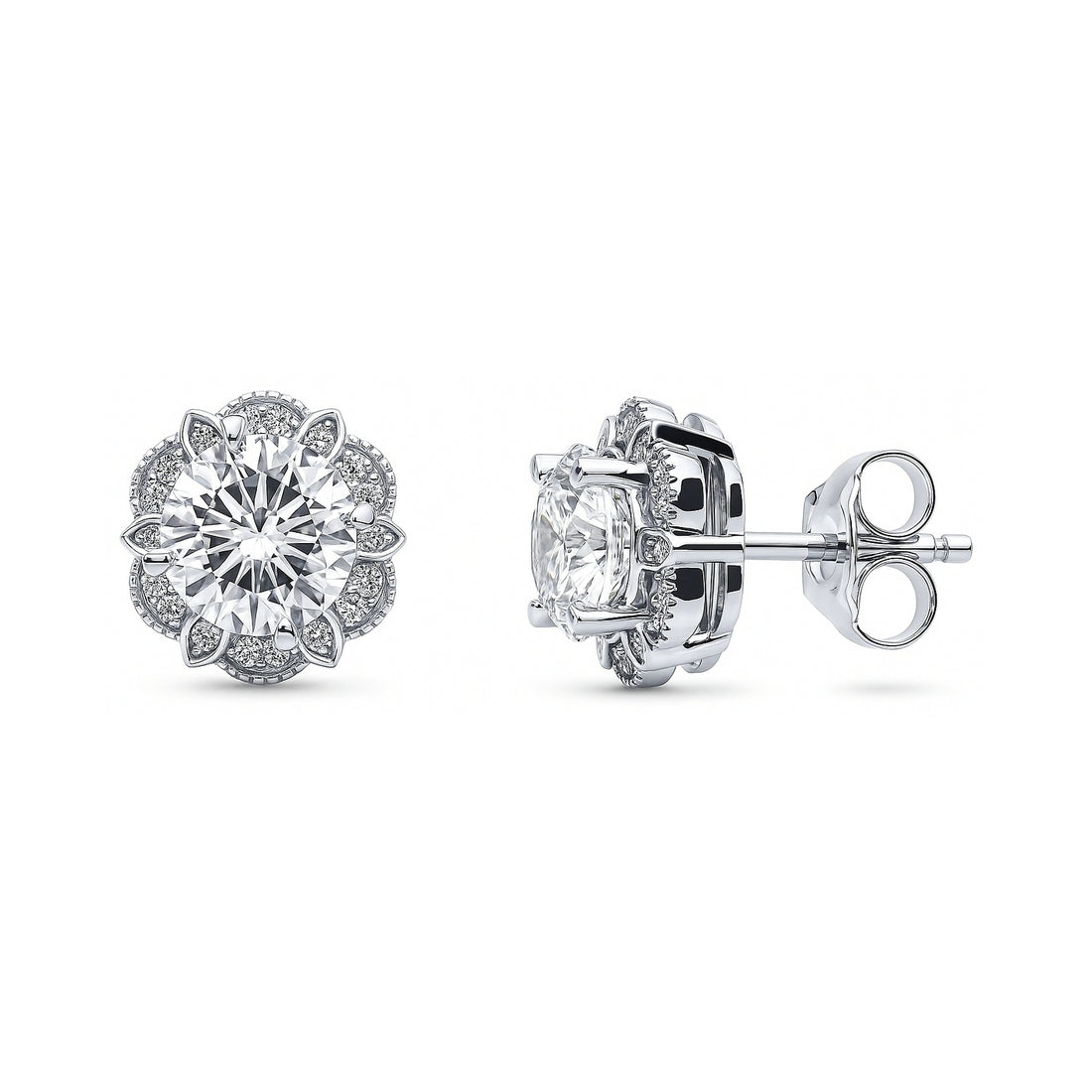 Flower Halo CZ Stud Earrings in Sterling Silver